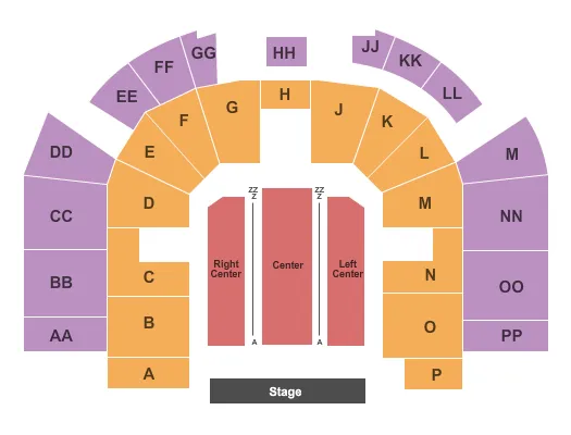 End Stage Seating Chart at Jaffa Shrine Center. The chart shows the main floor/stage with seating options surrounding it, which are color coded
