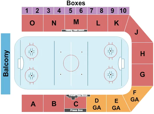 Hockey Seating Chart at James Lynah Rink. The chart shows the main floor/stage with seating options surrounding it, which are color coded