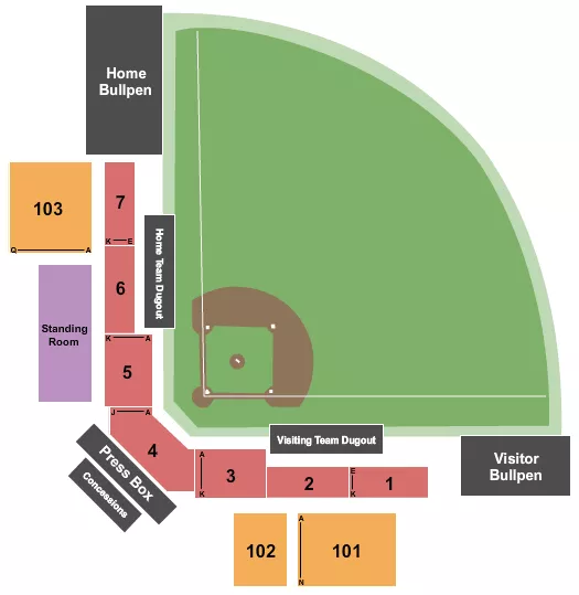 Softball Seating Chart at Jane B. Moore Field. The chart shows the main floor/stage with seating options surrounding it, which are color coded