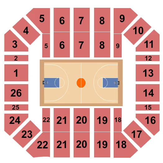 Basketball Seating Chart at Jenny Craig Pavilion. The chart shows the main floor/stage with seating options surrounding it, which are color coded