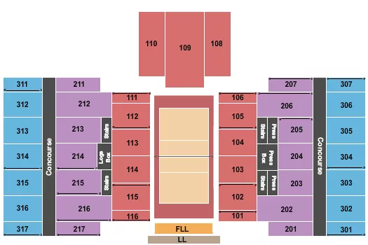 Volleyball Seating Chart at Jersey Mike's Arena. The chart shows the main floor/stage with seating options surrounding it, which are color coded