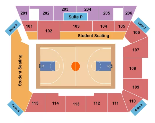 Basketball Seating Chart at Joan Perry Brock Center. The chart shows the main floor/stage with seating options surrounding it, which are color coded