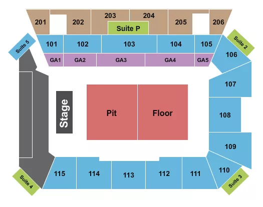 Endstage with GA's Seating Chart at Joan Perry Brock Center. The chart shows the main floor/stage with seating options surrounding it, which are color coded
