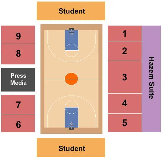 Basketball Seating Chart at John A. Daskalakis Athletic Center. The chart shows the main floor/stage with seating options surrounding it, which are color coded