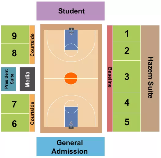 Basketball Seating Chart at John A. Daskalakis Athletic Center. The chart shows the main floor/stage with seating options surrounding it, which are color coded