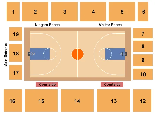 Basketball 2 Seating Chart at John Gallagher Center. The chart shows the main floor/stage with seating options surrounding it, which are color coded