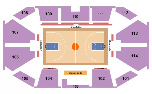 Basketball 2 Seating Chart at John Glaser Arena. The chart shows the main floor/stage with seating options surrounding it, which are color coded