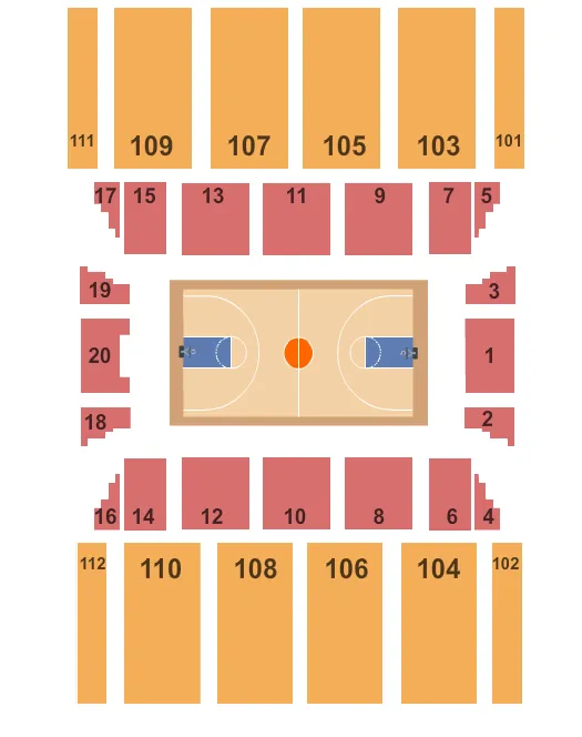 Basketball Seating Chart at John M. Belk Arena. The chart shows the main floor/stage with seating options surrounding it, which are color coded