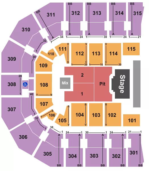 Billy Strings Seating Chart at John Paul Jones Arena. The chart shows the main floor/stage with seating options surrounding it, which are color coded