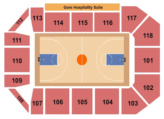 Basketball Seating Chart at John W. Pope Convocation Center. The chart shows the main floor/stage with seating options surrounding it, which are color coded