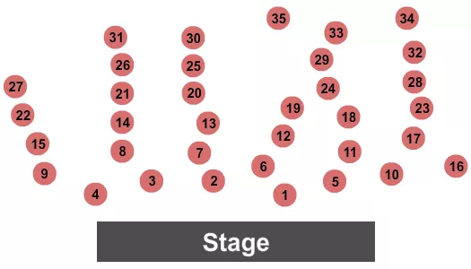 Cocktail Tables Seating Chart at Johnny Carson Theater at Lied Center For Performing Arts. The chart shows the main floor/stage with seating options surrounding it, which are color coded
