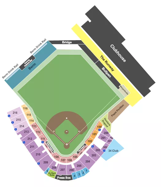 Baseball Seating Chart at Publix Field at Joker Marchant Stadium. The chart shows the main floor/stage with seating options surrounding it, which are color coded