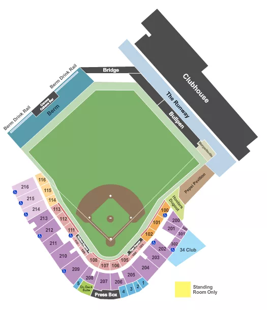 Baseball Seating Chart at Publix Field at Joker Marchant Stadium. The chart shows the main floor/stage with seating options surrounding it, which are color coded