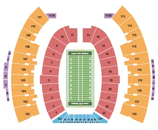 Football Seating Chart at Jones AT&T Stadium. The chart shows the main floor/stage with seating options surrounding it, which are color coded