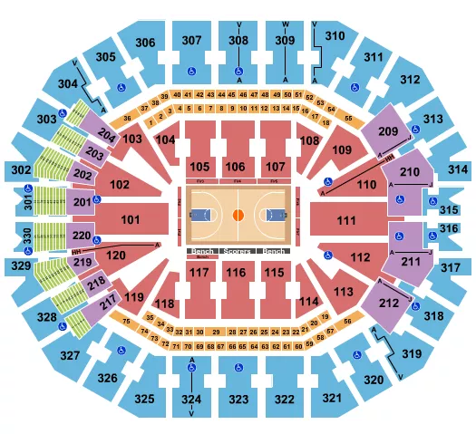 Basketball Seating Chart at KFC Yum! Center. The chart shows the main floor/stage with seating options surrounding it, which are color coded