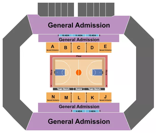 Basketball GA Seating Chart at Kay Yeager Coliseum. The chart shows the main floor/stage with seating options surrounding it, which are color coded