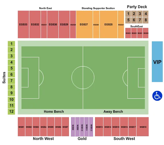 Soccer 2 Seating Chart at Keyworth Stadium. The chart shows the main floor/stage with seating options surrounding it, which are color coded