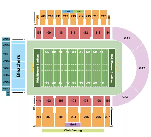 Football Bleachers Seating Chart at Kidd Brewer Stadium. The chart shows the main floor/stage with seating options surrounding it, which are color coded