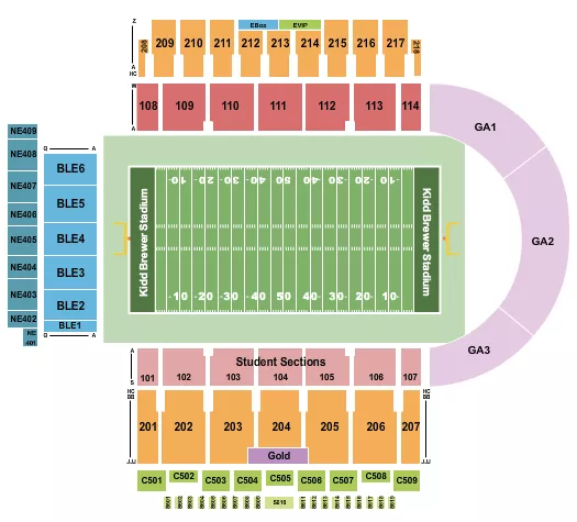Football 3 Seating Chart at Kidd Brewer Stadium. The chart shows the main floor/stage with seating options surrounding it, which are color coded