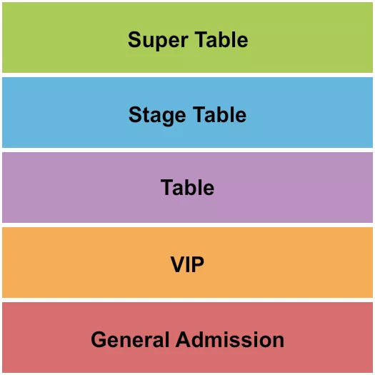 GA/VIP/Table/Stage/Super Seating Chart at King Gillette Ranch. The chart shows the main floor/stage with seating options surrounding it, which are color coded