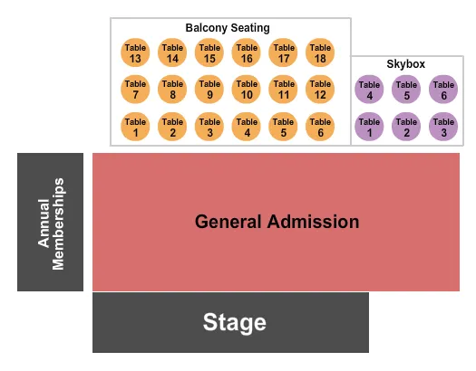 GA Floor - Resv Tables Seating Chart at Knitting Factory Concert House. The chart shows the main floor/stage with seating options surrounding it, which are color coded