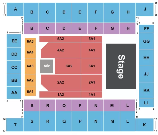 Endstage 3 Seating Chart at Knoxville Civic Coliseum. The chart shows the main floor/stage with seating options surrounding it, which are color coded