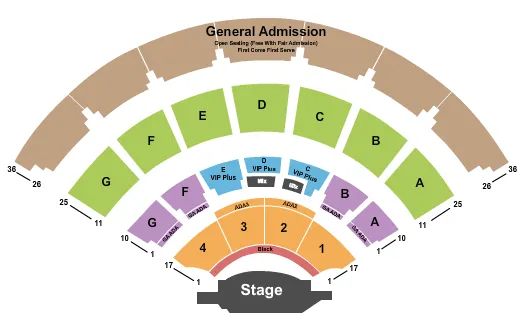 Endstage 4 Seating Chart at L.B. Day Amphitheater. The chart shows the main floor/stage with seating options surrounding it, which are color coded