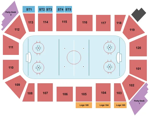 Hockey Seating Chart at Trinity Health Arena. The chart shows the main floor/stage with seating options surrounding it, which are color coded