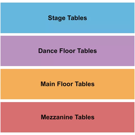 Tables Seating Chart at LIV At Fontainebleau. The chart shows the main floor/stage with seating options surrounding it, which are color coded