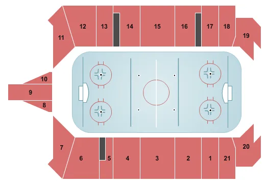 Hockey Seating Chart at LaHaye Ice Center. The chart shows the main floor/stage with seating options surrounding it, which are color coded