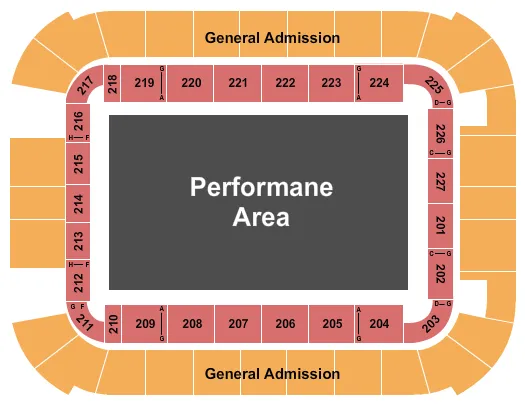 Monster X Tour Seating Chart at Lake Charles Event Center. The chart shows the main floor/stage with seating options surrounding it, which are color coded