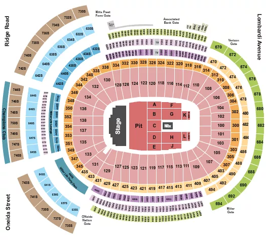 Endstage Pit Seating Chart at Lambeau Field. The chart shows the main floor/stage with seating options surrounding it, which are color coded