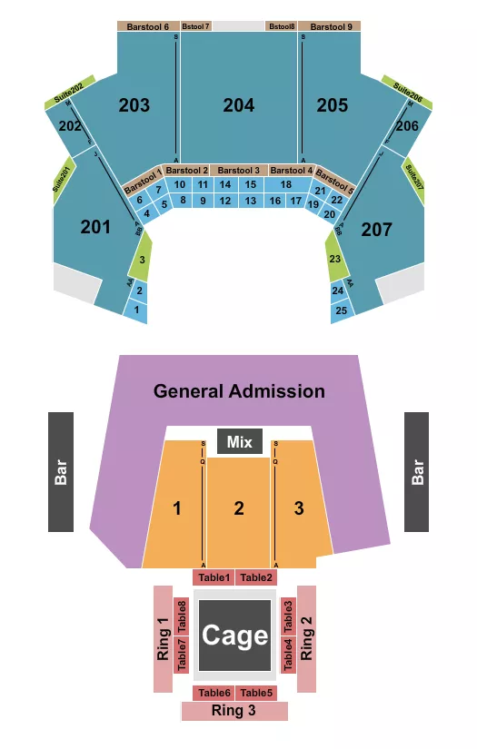 APFC Seating Chart at Landmark Credit Union Live. The chart shows the main floor/stage with seating options surrounding it, which are color coded