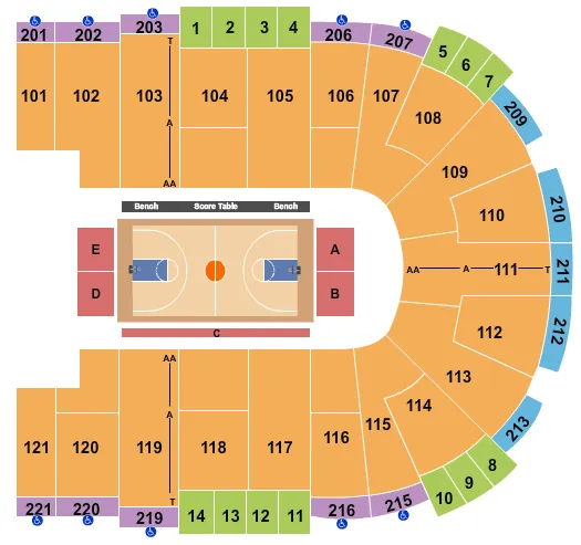 Basketball 2 Seating Chart at Sames Auto Arena. The chart shows the main floor/stage with seating options surrounding it, which are color coded