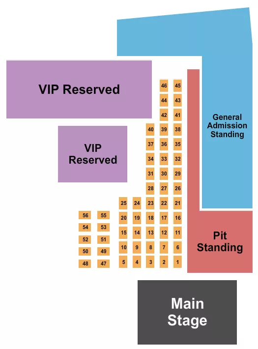 GA/Pit Standing/VIP Seating Chart at Las Palmas Race Park. The chart shows the main floor/stage with seating options surrounding it, which are color coded