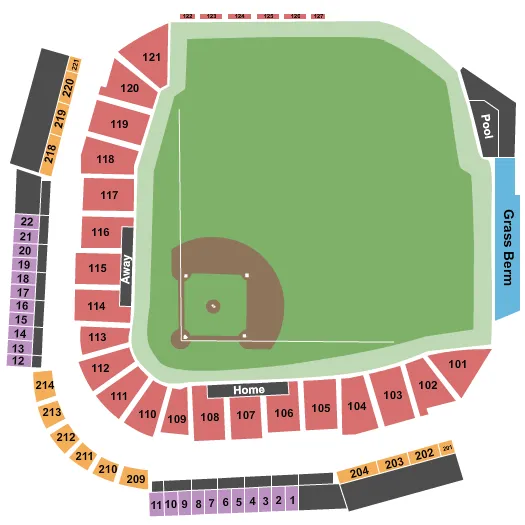 Baseball Seating Chart at Las Vegas Ballpark. The chart shows the main floor/stage with seating options surrounding it, which are color coded