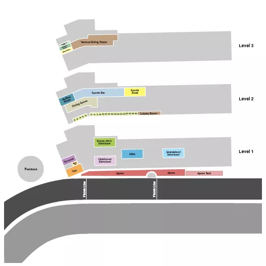 Racing Seating Chart at Laurel Park. The chart shows the main floor/stage with seating options surrounding it, which are color coded