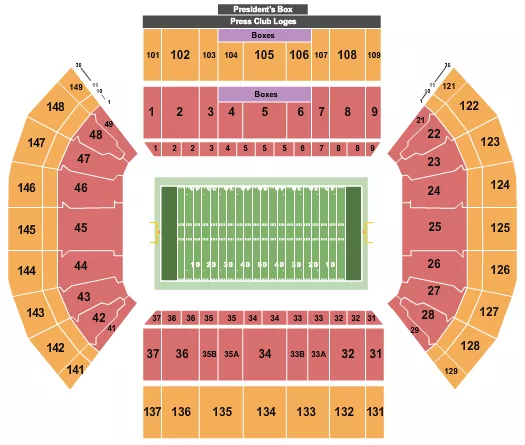 Football Seating Chart at Lavell Edwards Stadium. The chart shows the main floor/stage with seating options surrounding it, which are color coded