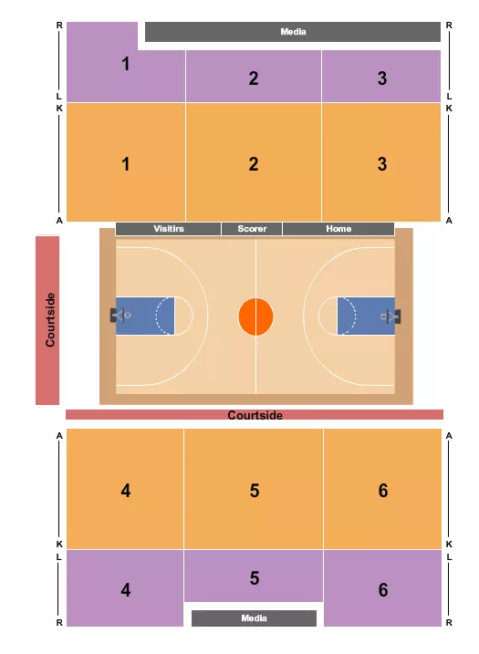 Basketball 3 Seating Chart at Lavietes Pavilion. The chart shows the main floor/stage with seating options surrounding it, which are color coded