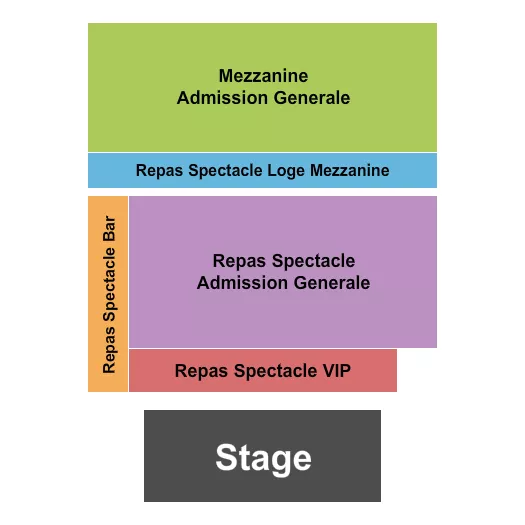 GA By Level Seating Chart at Le Balcon. The chart shows the main floor/stage with seating options surrounding it, which are color coded