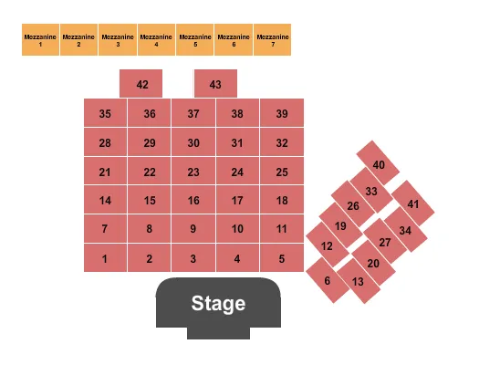 Tables Seating Chart at Le Confessionnal. The chart shows the main floor/stage with seating options surrounding it, which are color coded