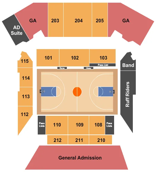 Basketball Seating Chart at Leavey Event Center. The chart shows the main floor/stage with seating options surrounding it, which are color coded