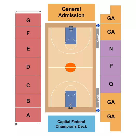Basketball 2 Seating Chart at Lee Arena at Petro Allied Health Center. The chart shows the main floor/stage with seating options surrounding it, which are color coded