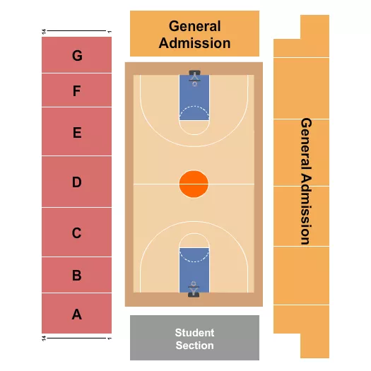 Basketball Seating Chart at Lee Arena at Petro Allied Health Center. The chart shows the main floor/stage with seating options surrounding it, which are color coded