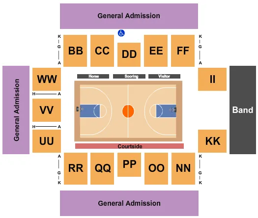 Basketball Seating Chart at Lee Williams Athletics & Assembly Center. The chart shows the main floor/stage with seating options surrounding it, which are color coded