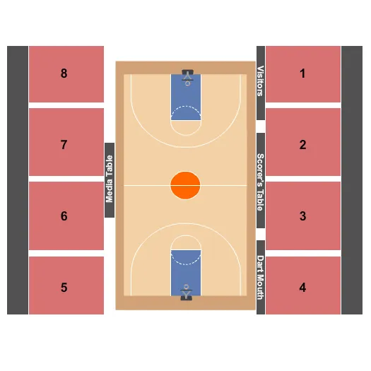 Basketball Seating Chart at Leede Arena. The chart shows the main floor/stage with seating options surrounding it, which are color coded