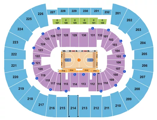 Basketball - AAC Seating Chart at Legacy Arena at The BJCC. The chart shows the main floor/stage with seating options surrounding it, which are color coded