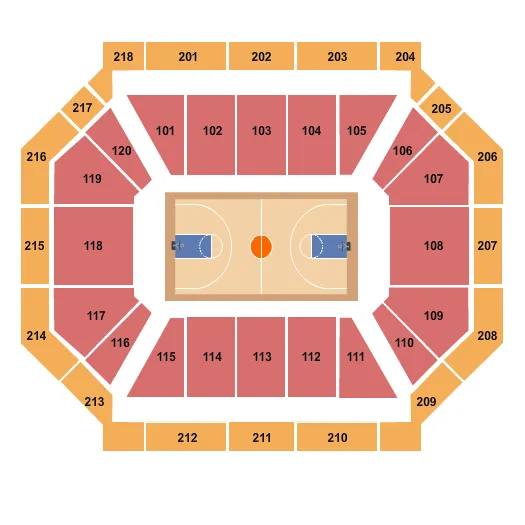 Basketball Seating Chart at Leo D. Mahoney Arena. The chart shows the main floor/stage with seating options surrounding it, which are color coded