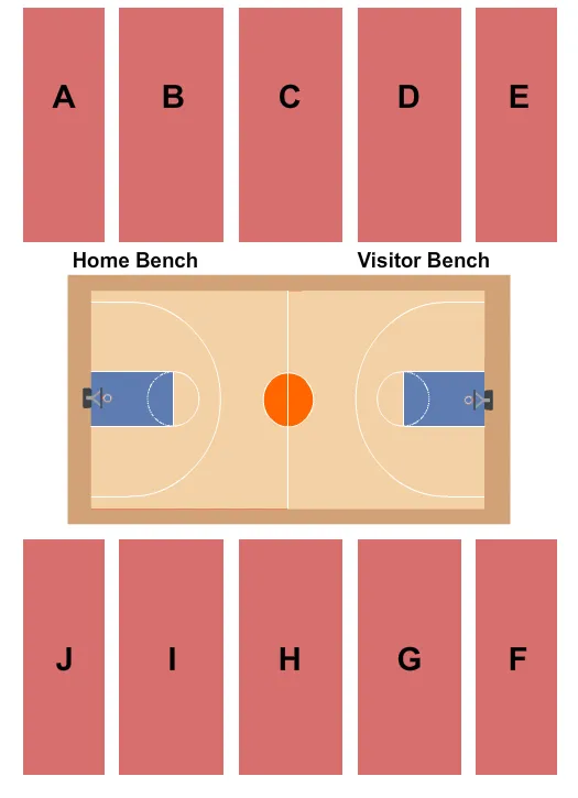 Basketball Seating Chart at Levien Gymnasium. The chart shows the main floor/stage with seating options surrounding it, which are color coded