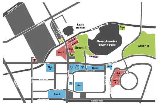 Parking Seating Chart at Levi's Stadium Parking Lots. The chart shows the main floor/stage with seating options surrounding it, which are color coded